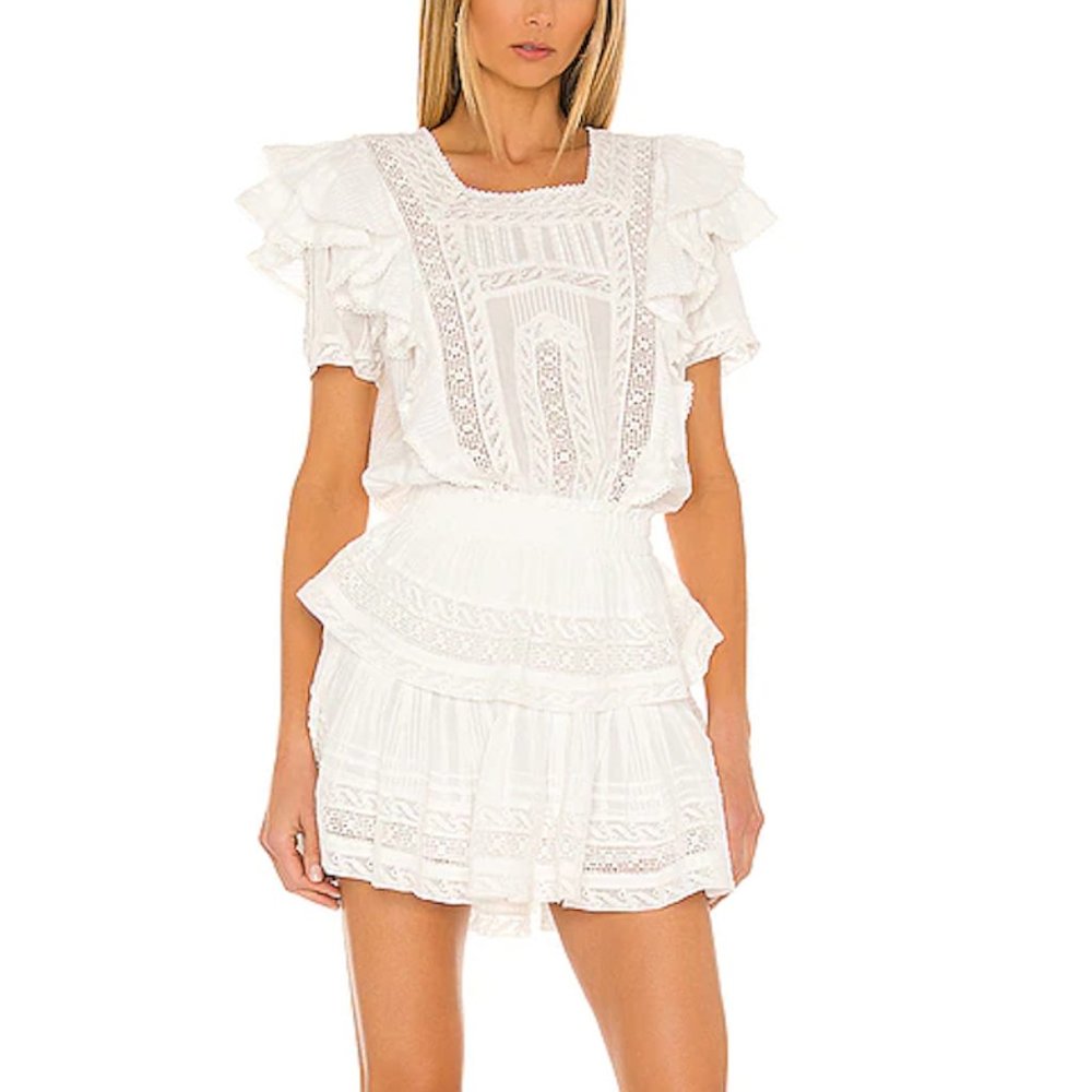 LoveShackFancy Stella Tiered Mini Dress Antique White Cotton Ruffled Sz L. NWT!
